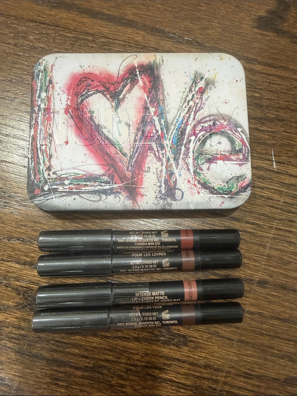 Nude Stix Artistic 'Love' Tin with Neutral Matte Lip/Cheek Pencils